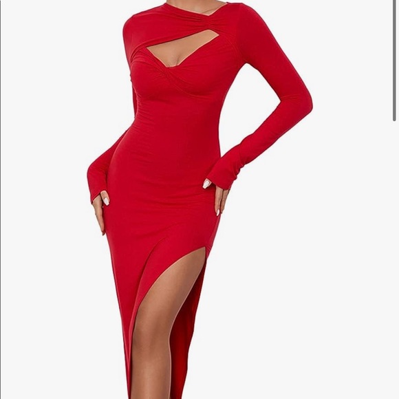 Red Cut Out Side Split Ruched Long Sleeve Dress - Picture 1 of 2